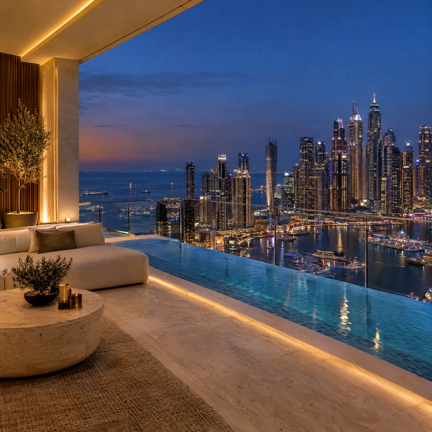 Penthouse-Terrasse mit Blick auf die Dubai Marina