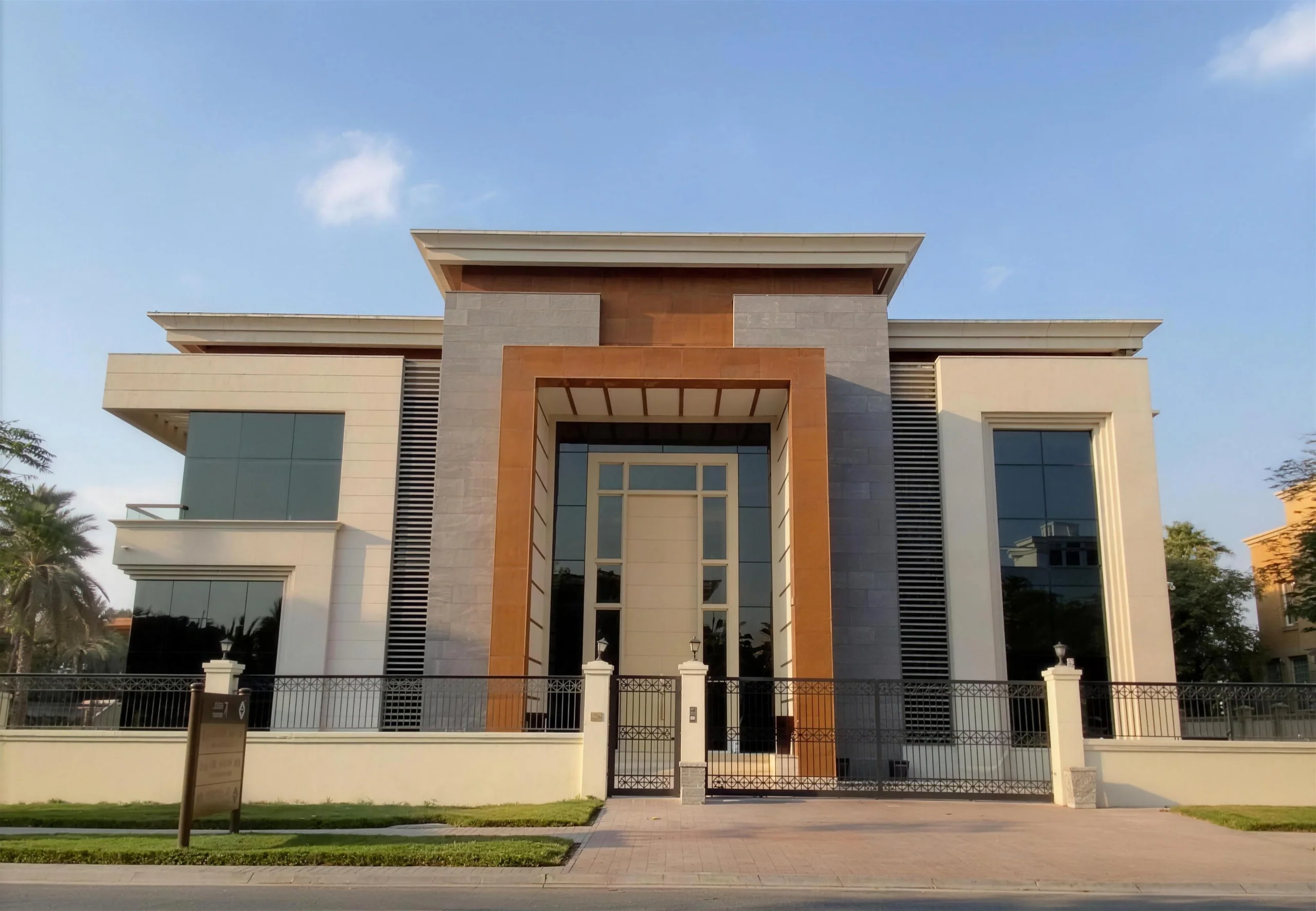 Fassade einer Villa in Dubai mit hohem Eingangsportal